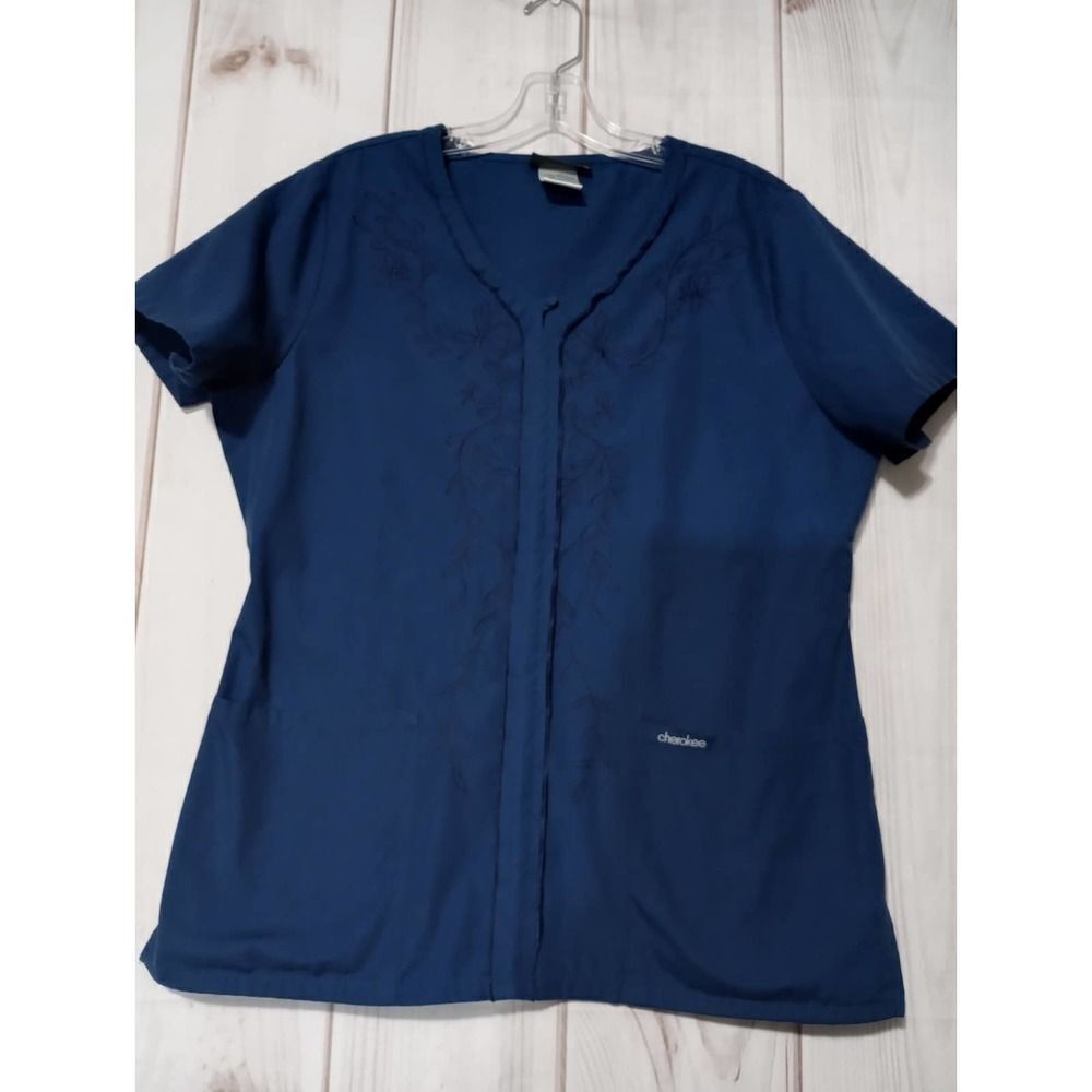 Cherokee Scrub Top Ladies Medium Navy Embroidery‎